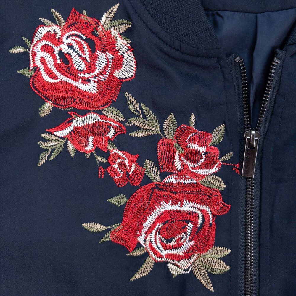 DG2 Diane Gilman Bomber Jacket Womens Size Medium Navy Floral Embroidered - Picture 3 of 7